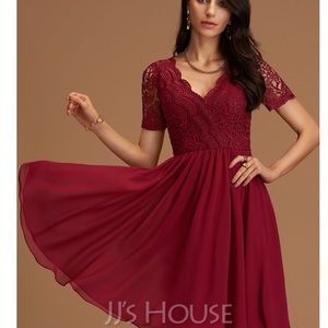 Semi Formal-Formal JJ House size 12 burgundy lace & chiffon knee length dress